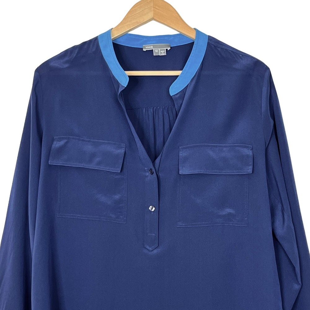 Vince Silk Contrast Split Neck Long Sleeve Popover Blouse - Picture 3 of 9